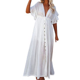 Sexy V Neck Bikini Cover-ups Long White Tunic Casual Summer BeachDress