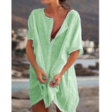 Cover-up Linen Dress Loose Short Sleeve Deep V-neck Solid Color Mini Party Dress