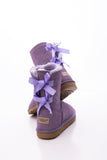 Double Ballet Ribbon Bow Suede Shearling Boots - Lavender