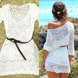 White Boho Sexy Lace Hollow Knit Bikini Swimwear Cover up Crochet Beach Dress