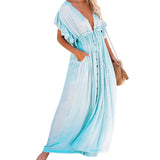 Sexy V Neck Bikini Cover-ups Long White Tunic Casual Summer BeachDress