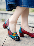 Butterfly Applique Floral Embossed Round Toe Mid Heel Leather Pumps Ledshopy.com