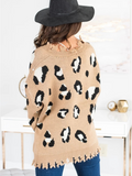 Cheetah V-Neck Ripped Collar & Sleeve Knit Pullover - Beige Ledshopy.com