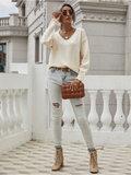 Darius Drop Shoulder V-Neck Knit Top - Beige Ledshopy.com