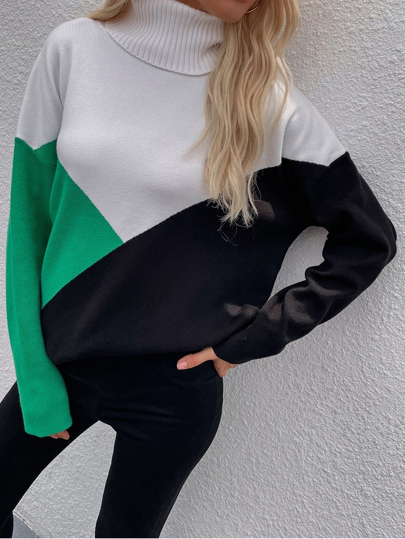 Dulcie Green Color Block Turtleneck Knit Sweater Ledshopy.com