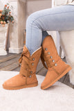 Faux Fur -Lined Ribbon Suede Tie Up Boots - Chestnut Ledshopy.com