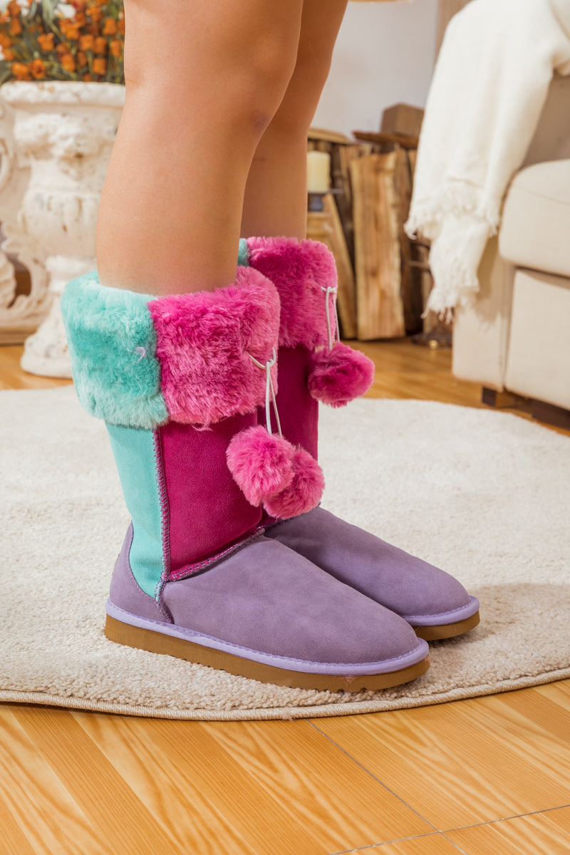 Fringe Ball Color Contrast Suede Boots - Purple Ledshopy.com