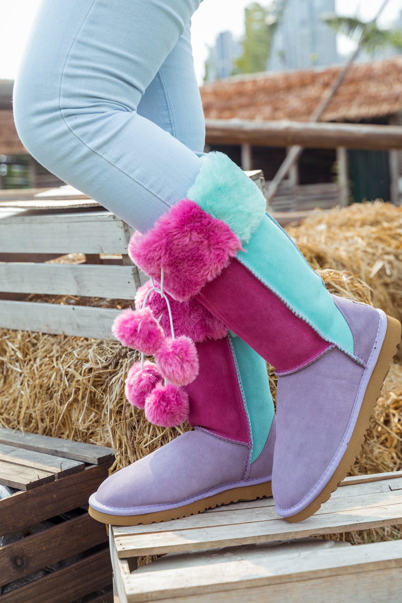 Fringe Ball Color Contrast Suede Boots - Purple Ledshopy.com