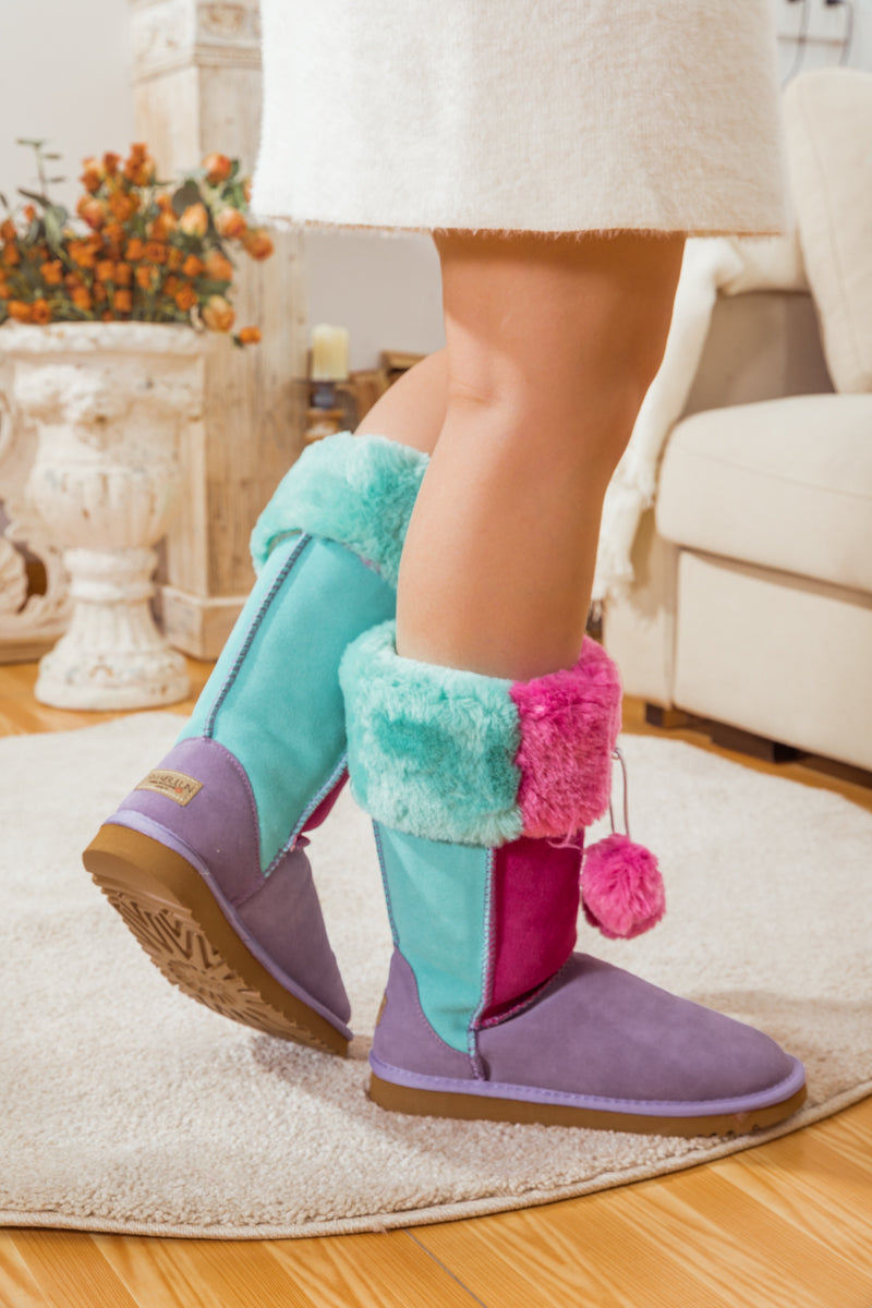 Fringe Ball Color Contrast Suede Boots - Purple Ledshopy.com