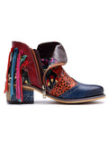 Genuine Leather Navy Orange Tasselled Ankle Booties Flat Boots Ledshopy.com