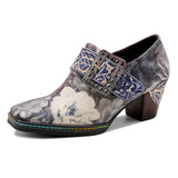 Grey Embossed Floral Buckle Genuine Leather Bootie Mid Heel Loafers Ledshopy.com