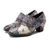 Grey Embossed Floral Buckle Genuine Leather Bootie Mid Heel Loafers Ledshopy.com