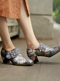 Grey Embossed Floral Buckle Genuine Leather Bootie Mid Heel Loafers Ledshopy.com