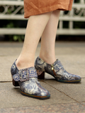 Grey Embossed Floral Buckle Genuine Leather Bootie Mid Heel Loafers Ledshopy.com