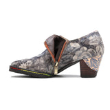 Grey Embossed Floral Buckle Genuine Leather Bootie Mid Heel Loafers Ledshopy.com