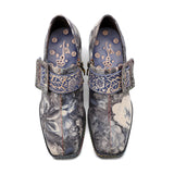 Grey Embossed Floral Buckle Genuine Leather Bootie Mid Heel Loafers Ledshopy.com