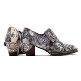 Grey Embossed Floral Buckle Genuine Leather Bootie Mid Heel Loafers Ledshopy.com