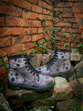 Grey Skull Rose Ankle Flat Combat Boots Ledshopy.com