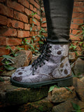 Grey Skull Rose Ankle Flat Combat Boots Ledshopy.com