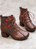 Lace-Up Floral Embossed Leather Boot - Brown Ledshopy.com
