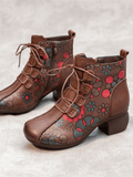 Lace-Up Floral Embossed Leather Boot - Brown Ledshopy.com