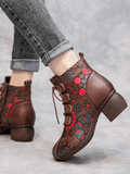Lace-Up Floral Embossed Leather Boot - Brown Ledshopy.com