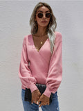 Lantern-Sleeve V-Neck Wrap Knit Top - Pink Ledshopy.com