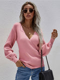 Lantern-Sleeve V-Neck Wrap Knit Top - Pink Ledshopy.com