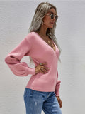 Lantern-Sleeve V-Neck Wrap Knit Top - Pink Ledshopy.com