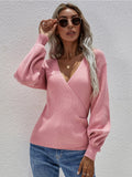 Lantern-Sleeve V-Neck Wrap Knit Top - Pink Ledshopy.com