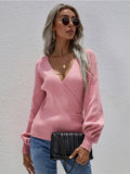 Lantern-Sleeve V-Neck Wrap Knit Top - Pink Ledshopy.com