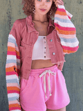 Madden Knit Ripped Sleeve Denim Jacket - Pink Ledshopy.com