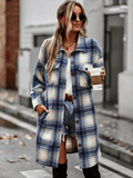 Midi Length Button-Up Pocketed Plaid Shacket - Navy Ledshopy.com