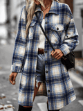 Midi Length Button-Up Pocketed Plaid Shacket - Navy Ledshopy.com