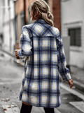 Midi Length Button-Up Pocketed Plaid Shacket - Navy Ledshopy.com