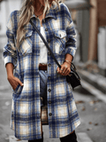 Midi Length Button-Up Pocketed Plaid Shacket - Navy Ledshopy.com