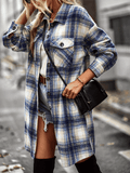 Midi Length Button-Up Pocketed Plaid Shacket - Navy Ledshopy.com