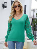 Notepad Embroidered Lace Sleeve Knit Sweater - Green Ledshopy.com