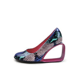 Open Triangle-Heel Leather Pump - Pink Snake Ledshopy.com