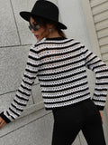 Perforated Stripe Pattern Knit Top - Black Ledshopy.com