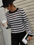 Perforated Stripe Pattern Knit Top - Black Ledshopy.com