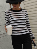 Perforated Stripe Pattern Knit Top - Black Ledshopy.com