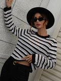 Perforated Stripe Pattern Knit Top - Black Ledshopy.com