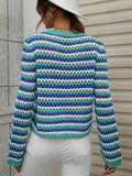 Perforated Stripe Pattern Knit Top - Blue Ledshopy.com