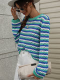 Perforated Stripe Pattern Knit Top - Blue Ledshopy.com