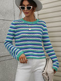 Perforated Stripe Pattern Knit Top - Blue Ledshopy.com