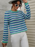 Perforated Stripe Pattern Knit Top - Blue Ledshopy.com