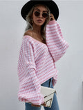 Puff Sleeve V-Neck Sweater - Pink Ledshopy.com