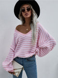 Puff Sleeve V-Neck Sweater - Pink Ledshopy.com