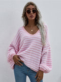 Puff Sleeve V-Neck Sweater - Pink Ledshopy.com